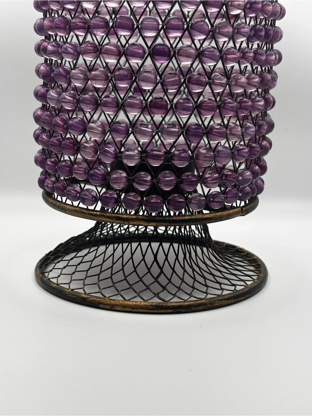 Decorative Beaded Brass Metal Tealight Candle Votive Set of 2 Purple and Amber